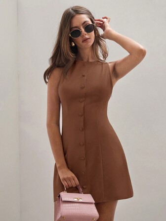 COSMINA 1pc Women Solid Color Crew Neck Single Button Sleeveless Casual Mini Dress,Summer Dresses For Women