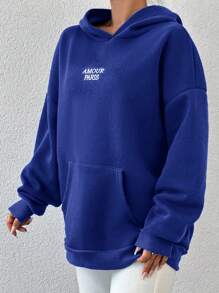 EURMUSE Cotton Letter Graphic Pocket Drop Shoulder Hoodie - Blue - View 3