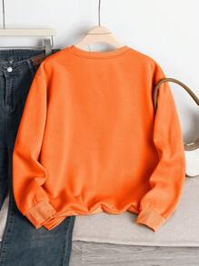 SHEIN EZwear 大码纯色圆领长袖简约运动衫，休闲日常穿着 - 橘色 - 查看 2