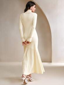 Anewsta Ladies Elegant Rhinestone Splice Mermaid High Collar Fitted Long Dress - Beige - View 3