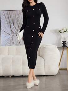 Modelyn 女士优雅纯色纽扣装饰紧身针织毛衣连衣裙，秋冬 - 黑色 - 查看 3