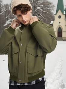 Manfinity VCAY Men's Fashion Casual Woven Short Stand Collar Zip Up Long Sleeve Jacket, For Fall Winter