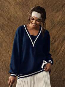 VARSITIE 寒冷冬季服装连帽衫女士纯色拼布长袖休闲运动衫，简约设计，日常穿着 - 藏蓝色 - 查看 5