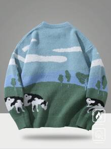 Manfinity Hypemode 男士休闲奶牛印花圆领长袖毛衣，秋冬，男士图案毛衣，男士针织衫，男士毛衣，图案毛衣，奶牛图案毛衣