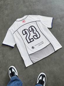 SHEIN Football Áo thun thể thao tay ngắn cổ tròn in chữ phong cách bạn trai dành cho nam - trắng - Xem 2