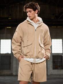 Manfinity VCAY 2pcs Men Casual Woven Jacket And Elastic Waist Shorts Set, Loose Fit, Long Sleeve, Young Adult, Daily Wear