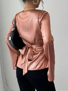 SHEIN Unity Autumn New Luxury Sparkling Silver Two-Sided Satin Brown Cross Tie Asymmetrical Waist Design Flare Cuff V-Neck Women Top Blouse - Brown - View 2