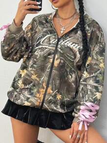 SHEIN EZwear 女款春夏 Y2K 迷彩条纹纹理装饰宽松卫衣