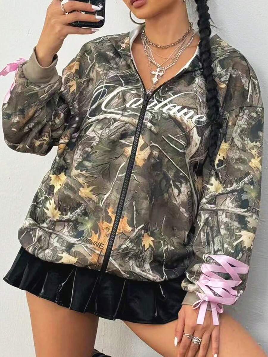 SHEIN EZwear 女款春夏 Y2K 迷彩条纹纹理装饰宽松卫衣