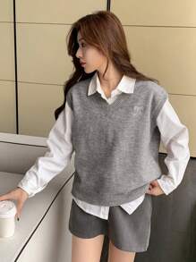 DAZY Áo len dệt kim dáng rộng thêu bướm cổ chữ V cho nữ, Quần áo mùa thu - Xám - Xem 5