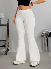 SHEIN Essnce Celana Jeans Wanita Kasual Model Flare dengan Motif Garis Tusuk Gigi, Serbaguna - Putih - View 3