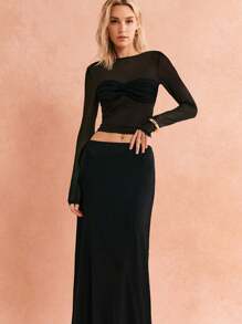 Poéselle 2 件套女士黑色透视裙两件套褶皱胸上衣和低腰裙优雅套装派对女士套装休闲纯色圆领长袖上衣和 A 字裙套装万圣节服装秋季女装 - 黑色 - 查看 1