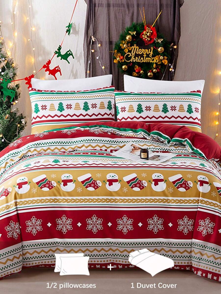 Juego de ropa de cama con estampado de muñeco de nieve, árbol de Navidad y calcetín de Navidad en rojo y verde, en tamaño individual/doble/queen/king - Multicolor - Ver 1