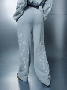 SUMWON WOMEN 现代艺术抽象印花慢跑家居服舒适松紧腰运动运动裤运动街头服饰秋冬休闲家居服 - 藍色 - 查看 2