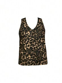 INAWLY Women Front Button Leopard Print Minimalist Sleeveless Tank Top, Casual For Everyday - Multicolor - View 3