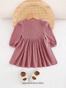 Cozy Pixies 女婴圆领蝴蝶结腰部褶皱前开口长袖连衣裙 - 粉色 - 查看 2