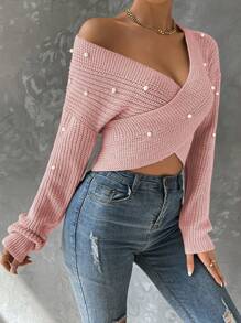 Chiquease 一件休闲露肩仿珍珠装饰针织毛衣，适合秋冬季节穿着。 - 粉色 - 查看 4