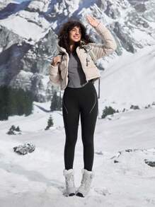 In My Nature 女式短款连帽拼色棉服外套，适合户外冬季女式上衣 - 杏色 - 查看 11