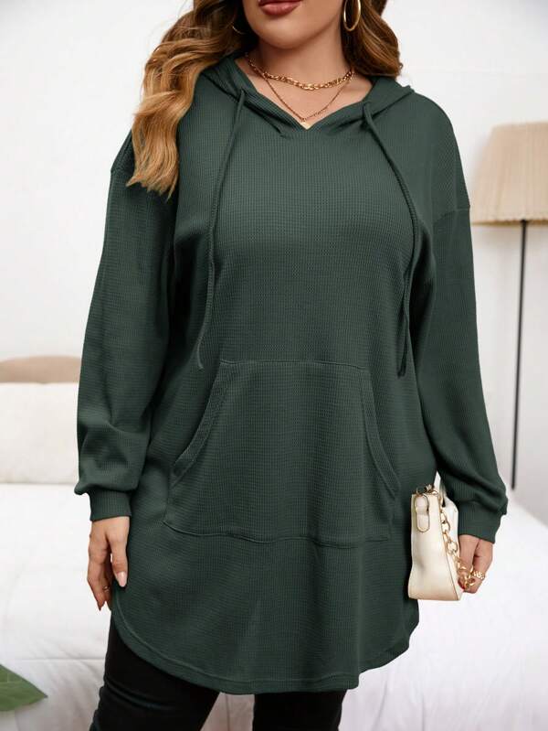 SHEIN LUNE Plus Size Women Drop Shoulder Solid Color Long Sleeve Drawstring Hooded Sweatshirt, Autumn