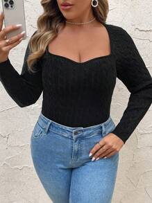 SHEIN Clasi Suéter holgado de punto sólido negro con cuello cuadrado ajustado y cuerda trenzada para mujeres talla grande, otoño/invierno - Negro - Ver 6