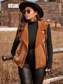 SHEIN VCAY Plus Size Women's Lapel Collar Two Pockets Mixed Suede And Corduroy Casual Warm Vest Jacket For Autumn/Winter - Brown - View 6