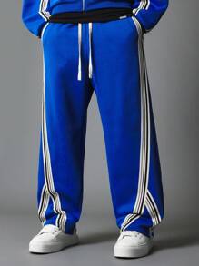 SUMWON Sporty Wide Leg Athletic Sweatpants With Striped Detail Performance Track Pants Athleisure Bottoms Winter Training Exercise Loungewear Activewear Joggers - Royal Blue - View 2