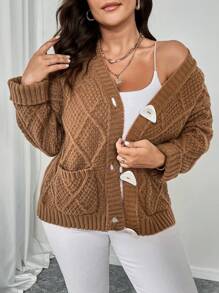 Celure Cárdigan informal de talla grande para mujer de color liso con bolsillos dobles, otoño/invierno