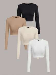 SHEIN Essnce 4pcs Women's Casual Minimalist Solid Color Round Neck Long Sleeve Cropped Fitted T-Shirt, Suitable For Spring/Summer - Multicolor - View 1