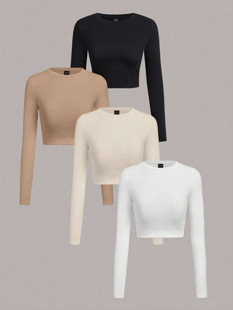 SHEIN Essnce 4pcs Women's Casual Minimalist Solid Color Round Neck Long Sleeve Cropped Fitted T-Shirt, Suitable For Spring/Summer - Multicolor - View 1