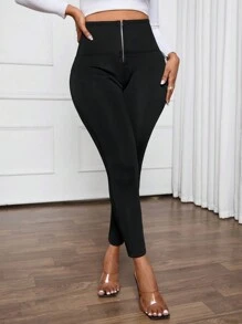 SHEIN Lady 黑色纯色拉链门襟紧身裤秋冬保暖内衬裤