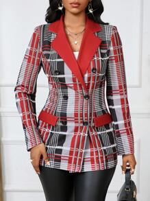 SHEIN Lady Women's Autumn Plaid Patchwork Colorblock Lapel Double Breasted Casual Regular Jacket