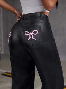 Jeanoix Women Black Coated Bow Embroidery Straight Leg Pants Fall Cloth For Women