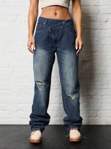 SUMWON WOMEN Straight Fit Cross Waist Stripe Ripped Jean - Blue - View 1