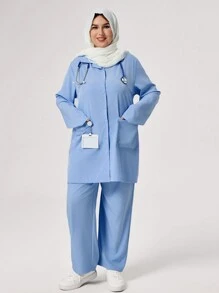 TaskEZ 大码纯色前扣双口袋长袖上衣和裤子制服套装，秋季磨砂套装