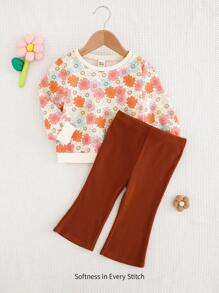 Cozy Pixies 2pcs/Set Baby Girl Floral Print Color Block Round Neck Long Sleeve Sweatshirt And Solid Color Pants Set - Multicolor - View 1