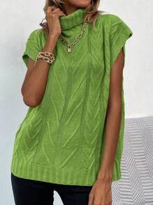 Chiquease Women's Solid Color Turtleneck Short Sleeve Minimalist Knit Top, Casual Everyday Wear - Green - View 6