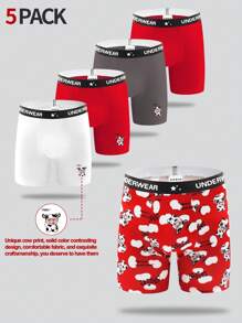 5pcs Men's Letter & Cartoon Cow Print Boxer Briefs - Multicolor - View 1