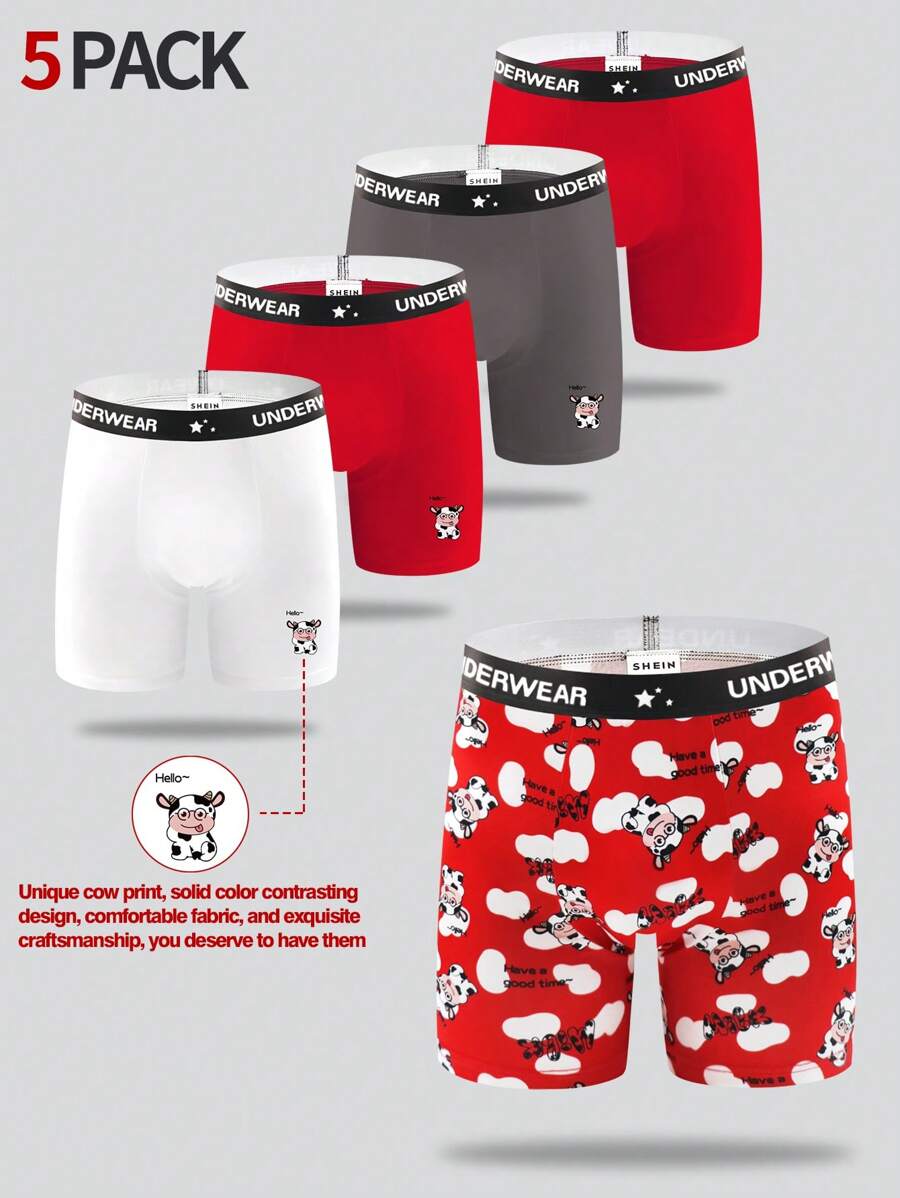 5pcs Men's Letter & Cartoon Cow Print Boxer Briefs - Multicolor - View 1