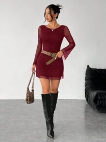 SHEIN PETITE 女士新款性感露背喇叭袖网纱连衣裙初秋款 - 酒紅色 - 查看 6