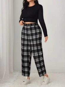 Mulvari 大码格子图案休闲宽松裤，适合户外使用 - 黑與白 - 查看 4