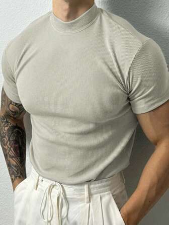 Manfinity Sport Corelite Men's Sport Short Sleeve Sport T-Shirt-Training & Gym & Workout, Casual Compression Moisture Wicking, Quick Dry Light Grey Slim Fit Knitted Fabric Round Neck High Stretch-Boyfriend Style Men's Solid Color Band Collar Short Sleeve Casual Sports T-Shirt Workout Tops Gym Top Breathable Fitted Shirt Crew Neck