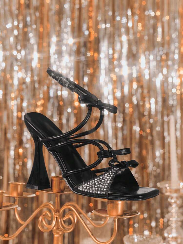 CUCCOO SZL Square Toe Stiletto High Heel Black PU Leather+Studded Rhinestone Decor Fashion Women High Heel Sandals