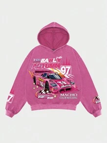 ROMWE MEN Street Life sweat-shirt à capuche vintage style de rue avec graphique de voiture de course pour hommes