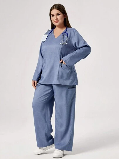 TaskEZ 大码纯色 V 领手术服上衣和裤子套装