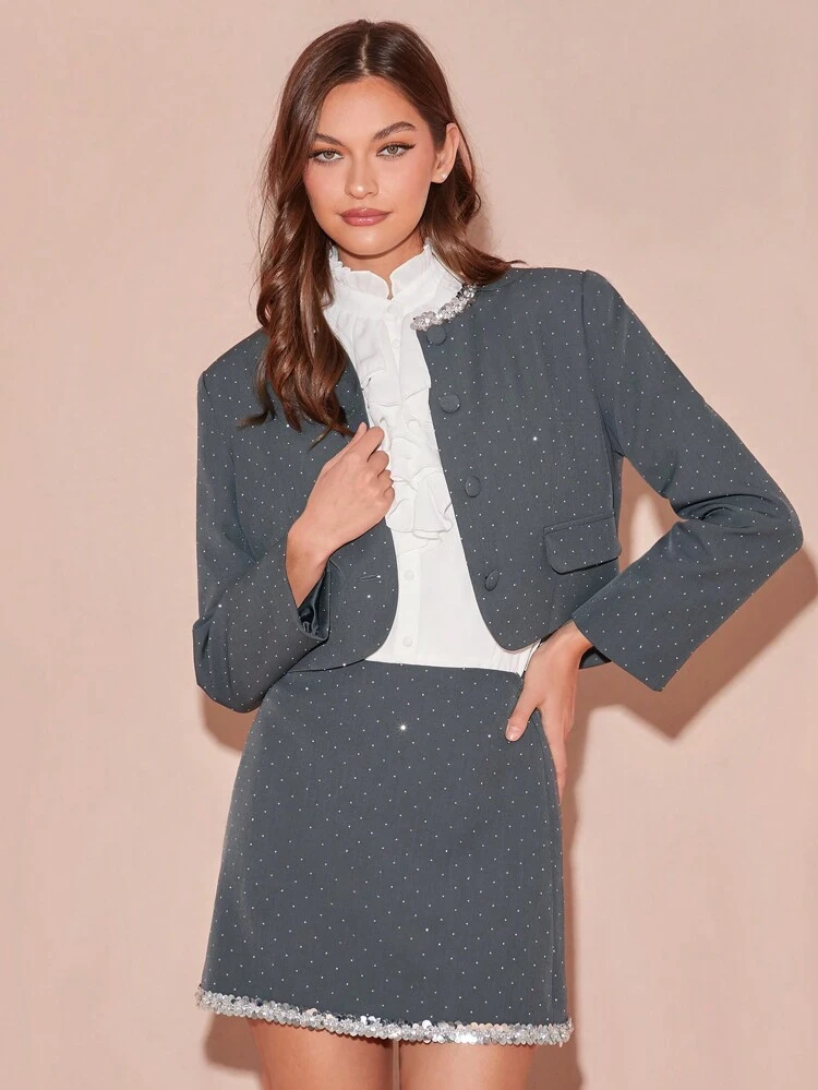 Autumn/Winter Romantic Women's Grey Sparkling Diamond Polka Dot Long Sleeve Sweetheart 
 Elegant Jacket,For Halloween&Thanksgiving&Christmas Party