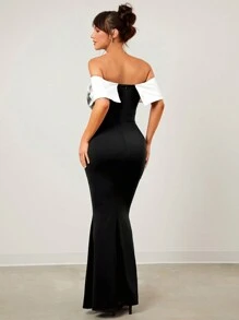 SHEIN SXY Vestido largo de noche elegante y sexy con un solo hombro, abertura alta en la cola de pez, color negro, imprescindible para fiesta de Año Nuevo o Día de San Valentín, con moño blanco - Blanco y Negro - Ver 2