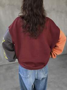 FRIFUL 女士休闲拼色字母印花圆领长袖运动衫秋季