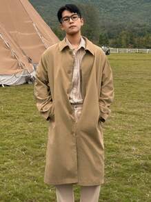 DAZY Men's Casual Plain Front Button Trench Coat For Spring/Autumn - Khaki - View 7