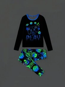 2pcs Young Boy Casual Video Game Element Print Long Sleeve Tee & Pants Snug Fit Home Outfit - Multicolor - View 1