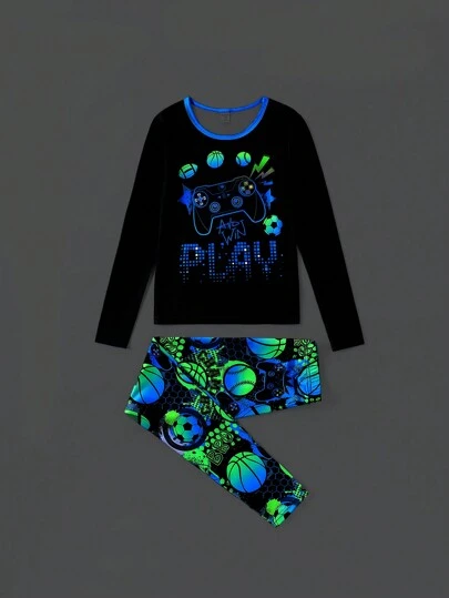 2pcs Young Boy Casual Video Game Element Print Long Sleeve Tee & Pants Snug Fit Home Outfit